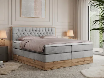 Produktbild von MKS MEBLE King Boxspringbett 180x200 mit Bettkasten Eiche, Polsterbett 180x200 mit Matratze H3, Bett 180x200 mit Kopfteil, Bett mit Holzrahmen in Wotan Eiche - Hellgrau Velvet - Amore King