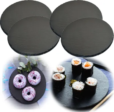 Produktbild von LS-LebenStil 4 Schieferplatte 20cm Rund Schwarz Naturschiefer Platten Servierplatte Schieferteller Sushi Deko Tapas Teller Tortenplatte Untersetzer