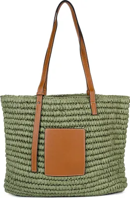 Produktbild von styleBREAKER Korbflecht Schultertasche aus Papierstroh mit Kunstleder Details | Damen Shopper Basttasche geflochten mit Reißverschluss | Strandtasche 43 x 34 x 4 cm