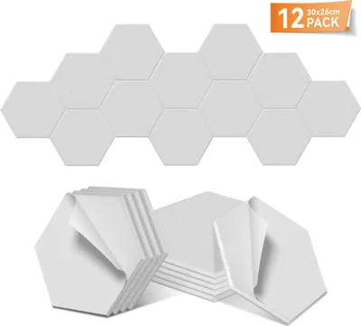 Obrázek produktu pro Akustické panely YARDIN Hexagon 30 x 26 cm, bílé, 12 kusů, samolepicí, polyesterový filc 1200 g/m², zvukově izolační panely pro nahrávací studia, domácí kina, hudební místnosti, karaoke, kanceláře a bary