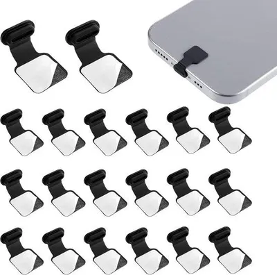 Image de Lot de 20 capuchons anti-poussière pour connecteurs USB-C avec bande adhésive - Conception anti-perte - Capuchons anti-poussière en silicone pour connecteurs de recharge USB-C - Pour smartphones et tablettes - Noir