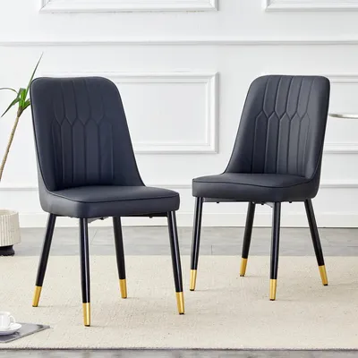 Immagine prodotto di Set da 2 sedie da pranzo in Finto cuoio nera moderna, con schienale imbottito e gambe in metallo nero; comode sedie imbottite per sala da pranzo, cucina e camera da letto