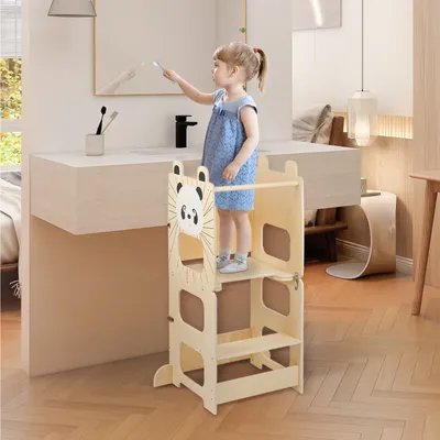 Produktbild von 2 in 1 Lernturm für Kinder,Montessori Stehhilfe mit Tafel,Holz Verwandelbar Lernturm Kleinkind Küchenhelfer Tritthocker für ab 1 Jahr(Panda-Stil)