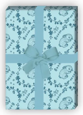 Produktbild von Süßes Geschenkpapier mit schlafendem Baby Hasen in Blumenranken, hellblau - G11913, 32 x 48cm