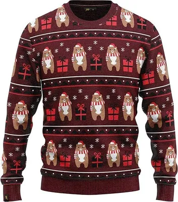 Produktbild von JAP Christmas Bär und Geschenk - Lustiger Hässlicher Weihnachtspullover Für Damen und Herren Ugly Christmas Sweater - Rot - M