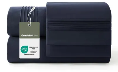 Zdjęcie produktu dla Komplet pościeli składający się z: prześcieradła, poszewki na poduszkę i prześcieradła. Wymiary: 90x190 cm (łóżko) + 50x75 cm (poduszka). Kolor: granatowy. Oddychający materiał