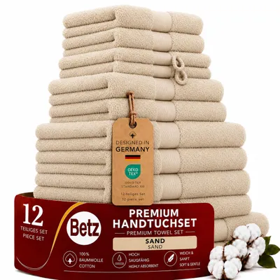 Produktbild von Betz Premium Handtuch-Set 12-teilig – 100% Baumwolle – ® – extra saugfähig & weich – hohe Grammatur – Farbe sand, KI-generiertes Bild