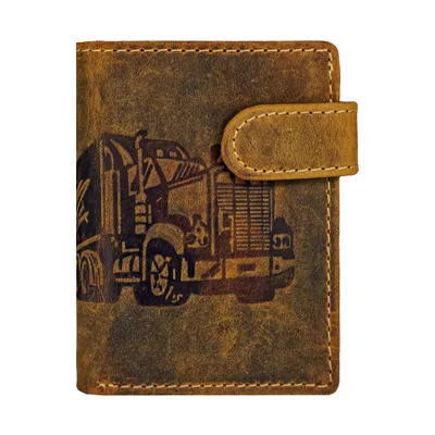 Produktbild von Echtleder Herren Wallet Geldbörse Braun mit Truck / LKW Motiv, RFID‑Schutz, 9 Kartenfach, Münzfach, Geldscheinfach, Loop‑Verschluss