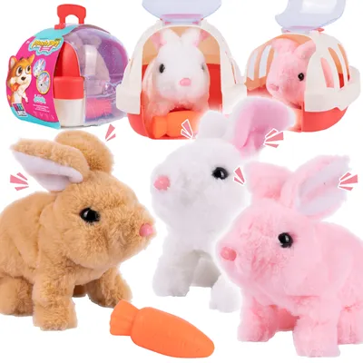 A collage of plush toy rabbits in carriers and standing, with a toy carrot.