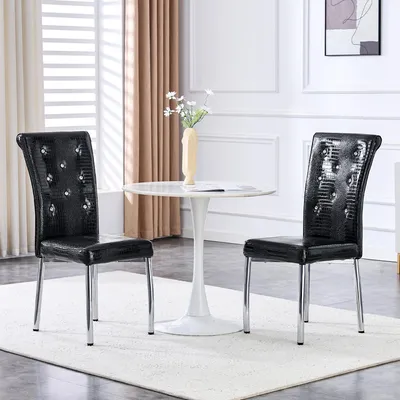 Produktbild von Retro Esszimmerstühle 2er Set Polsterstühle aus Kunstleder mit Alligatorprägung galvanisierte Metallfüße Küchenstühle mit Kristallverschluss Details