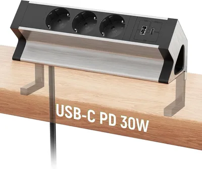 Produktbild von Steckdosenleiste für Wandmontage mit USB-C Anschluss – 3-fach Steckdosenleiste – für den Schreibtisch – Mehrfachsteckdose mit USB – 1,8 m Kabel – Befestigungsbar