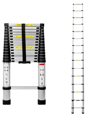 Produktbild von Aluminium Teleskopleiter 4,4 Meter - Mehrzweckleiter für Dachboden, Kletterdach, Büro und Bauarbeiten