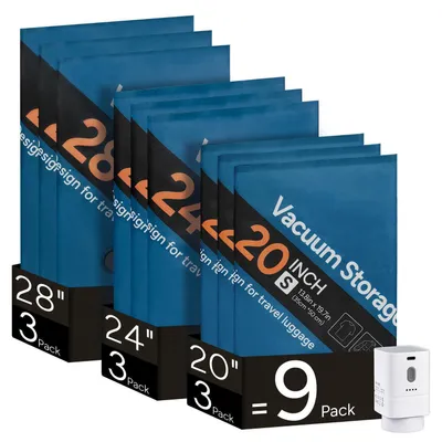 Image de Sacs de rangement sous vide pour vêtements, avec pompe sans fil, lot de 9 (3 petits + 3 moyens + 3 grands), marque Oxford, permettant de réduire le volume des vêtements de 80%, rechargeables via USB-C