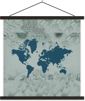 Produktbild von MuchoWow® Textilposter Weltkarte - Blau - Blume 60x60 cm mit schwarzem Rahmen - Posteraufhänger