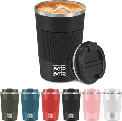 Obrázok produktu pre Unyqoos® Termohrnček 380 ml – izolovaný, dvojitými stenami obkladený cestovný hrnček na kávu z nehrdzavejúcej ocele, s tesniacim viečkom, čierna farba