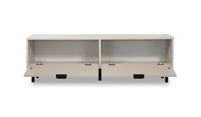 A beige TV cabinet with two open compartments and black handles and legs, shown against a white background.