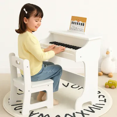 Produktbild von Kinder E-Piano aus Holz mit 24 Tasten, inkl. Stuhl & Notenständer, Musikinstrument Spielzeug für Kinder ab 3 Jahren, Lernklavier Keyboard