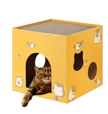 Produktbild von Kartonkatzenhaus mit Kratzflächen, geeignet für Innen- und Außenbereich