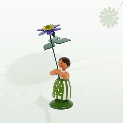 Zdjęcie produktu dla Miniaturowa figurka dziewczynki z kwiatami i wątrobowcem Wysokość 12 cm NOWA
