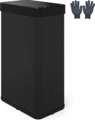 A black automatic trash can with a pair of grey gloves next to it, on a white background.