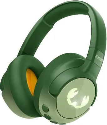 A pair of green wireless headphones with a yellow interior on a white background.