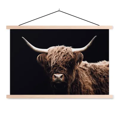 Produktbild von MuchoWow® Textilposter Schottischer Highlander - Schwarz - Horn 60x40 cm mit holzfarbenen Rahmen - Bilder