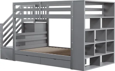 Obrázek produktu pro Patrová postel 90*200 cm, bezpečnostní schody s úložnými prostory, úložné zásuvky a velké skříňky, vysoká plotová konstrukce, lamelový rošt, borovicová postel