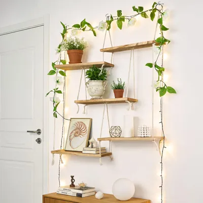 Image de Omgoods - Étagère murale en bois, 5 niveaux, avec crochets en macramé