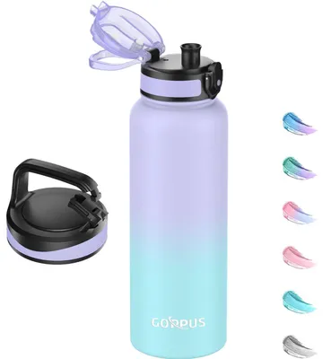 Immagine prodotto di Borraccia in acciaio inossidabile da 1,2 litri con cannuccia e 2 tappi, colore blu-viola