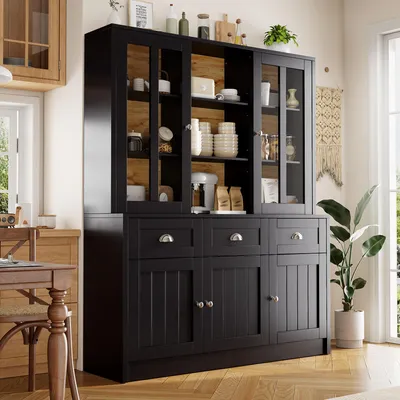 Productafbeelding van Hoge kast 140 x 38,5 x 175 cm met vitrinedeuren, laden, veel opbergruimte en kantelbeveiliging, moderne keukenkast, zwart