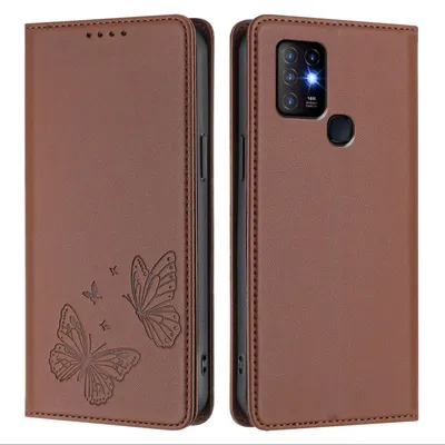 Produktbild von Lederhülle für Infinix Hot 10, Schmetterling Prägung Leder Brieftasche Schutzhülle mit Ständer Braun