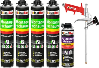 Produktbild von Isolbau Bauschaum-Set - Inkl. 4x 1K Montageschaum Pistolenschaum (je 750 ml), 1x Schaum-Pistole & 1xPU-Schaum-Reiniger (500 ml)