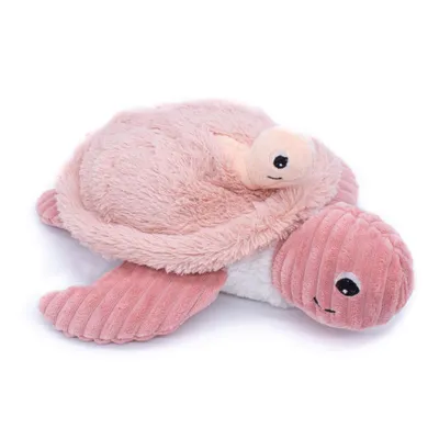 A plush toy turtle, with a smaller turtle on its back, against a white background.