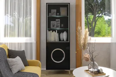 Produktbild von Dancan Eva Moderne Möbel Mit Silbernen Akzenten / Hochglanz / Glasvitrine / 3 Schubladen + Led-Beleuchtung / 60 X 38 X 180 Cm / Schwarz