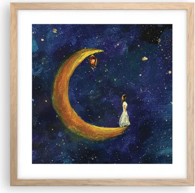 Produktbild von Gerahmtes Poster - Rahmen in heller Eiche - Mädchen auf der Mond - 40x40 cm - Wand Bild - Wanddeko - Wandbilder - Kunstposter - Wandposter - Bilderrahmen - Bilder - Kunstdruck - P2NAC40x40-4575