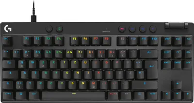 A black gaming keyboard is shown from a front-facing angle against a black background.