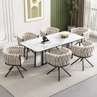 Immagine prodotto di MODFU - Sedia da pranzo imbottita (set da 6), girevole a 360°, poltrona per soggiorno con braccioli e gambe in acciaio, sedia da cucina, sedia da trucco, in velluto, color beige
