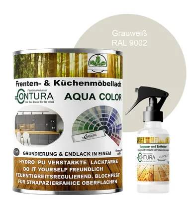 Produktbild von 750ml. + Anlauger - Contura Küchenmöbellack RAL Möbellack SEIDENMATT SET Möbelfarbe Holzlack Buntlack Küchenlack - RAL 9002 Grauweiß
