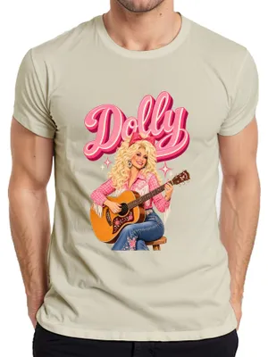 Immagine prodotto di Maglietta da uomo, stile retrò western, con immagini di Dolly Parton, cantante di musica country, chitarra e cowgirl. Taglia: M