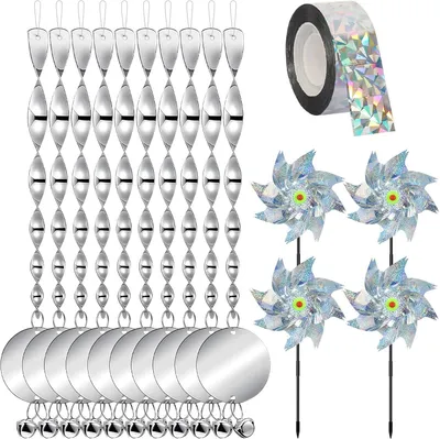 Produktbild von Vogelabwehr Set, 15-teilig, mit 10 Windspiralen, 4 Windmühlen, 2,4 cm x 80 m Vogelband, für Garten