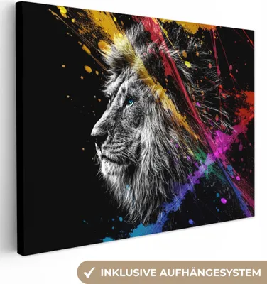 Produktbild von MuchoWow® - Leinwandbilder - Löwe - Graffiti - Schwarz - Neon - Tiere, Wandbild, Wanddeko Bilder Wohnzimmer, 80x60cm