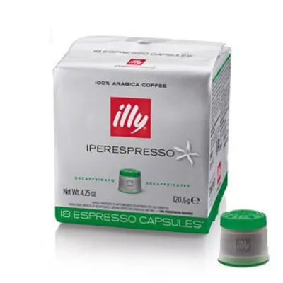 A box of Illy Iperespresso Decaffeinato coffee capsules with one capsule shown separately.