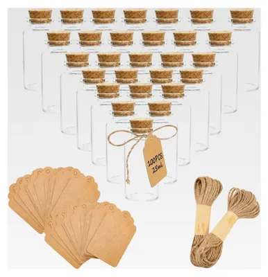 Produktbild von 100 Stück Mini-Glasflaschen mit Korken 25ml, Glasfläschchen für Bastelarbeiten