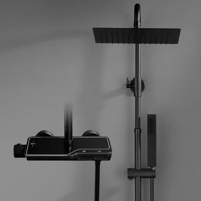 Produktbild von Edelstahl-Duschset mit Duscharmatur, Komplettset, Regendusche, Duschsystem mit Thermostat, Kopfbrause, Handbrause, Duschstange, mattschwarz (