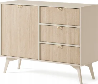 Obrázek produktu pro Příborník WOOD - Komoda se 3 zásuvkami - Dřevěné nohy, moderní design - Zlaté hliníkové úchytky - Béžová barva