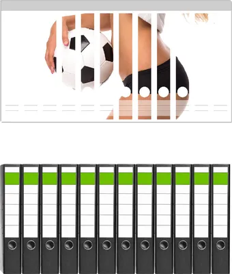 Produktbild von Wallario 12 Stück schmale Ordner inkl. Klebeetiketten mit Motive Fußball - sexy Frau mit einem Fußball -  Set mit Rückenschildern / Ordnerrücken Stickern