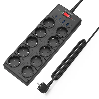 Immagine prodotto di Ciabatta multipresa con 10 prese, ciabatta con porte USB (PD 20 W, 2 porte USB-C e 2 porte USB-A), ciabatta con interruttore, 4000 W/16 A, 1050 J