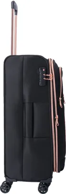 A black suitcase with rose gold accents and wheels, shown from the side.