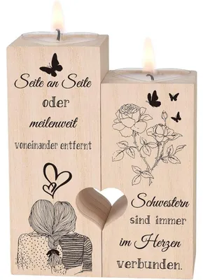 Productafbeelding van Houten kaarshouder in de vorm van een hart, cadeau voor een zus, afmetingen 12x10x4,5 cm