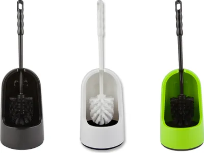 Three toilet brushes in different colors (black, white, and green) with their holders, displayed against a white background.